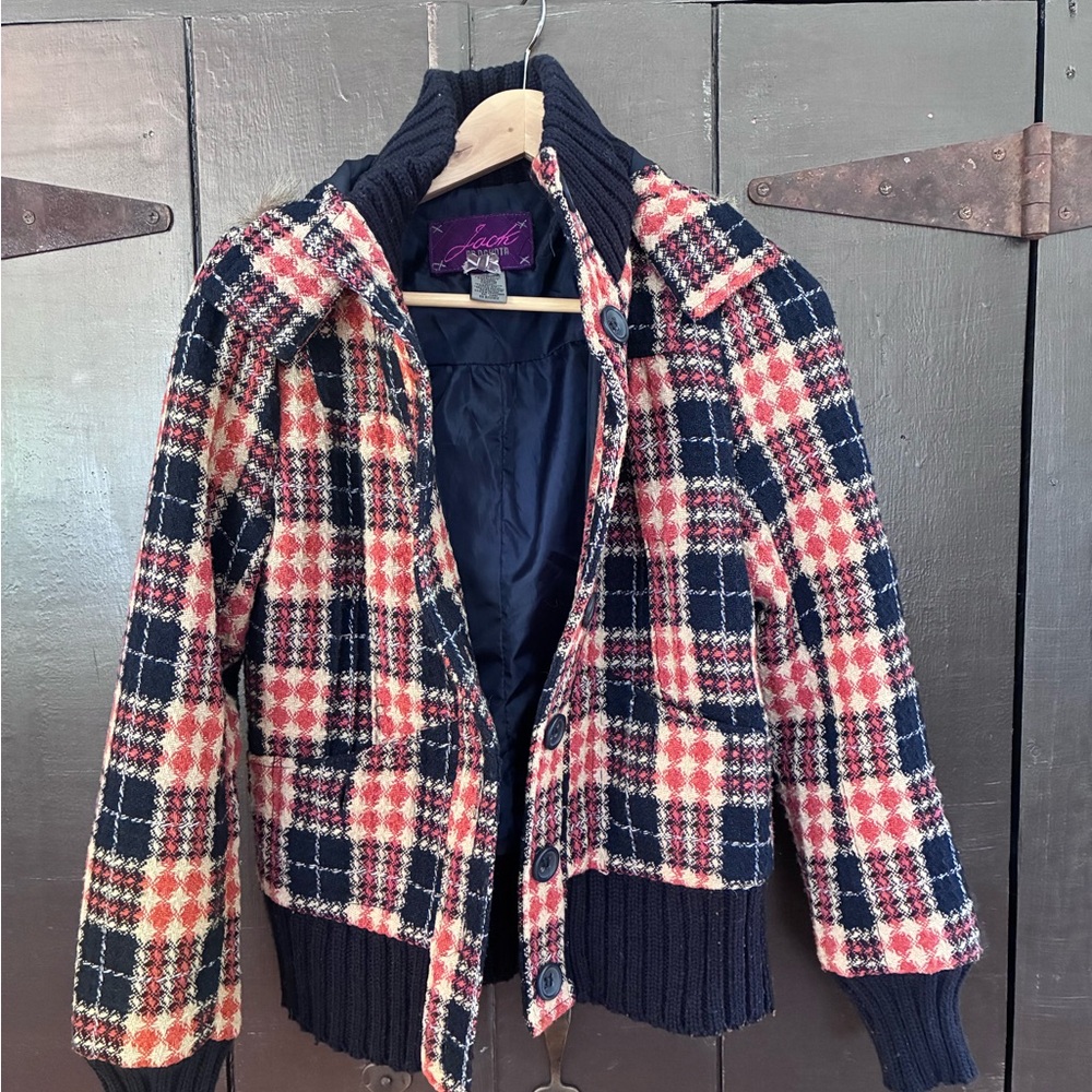 Jack by BB Dakota Navy and Orange Plaid Knit-Trim Blazer